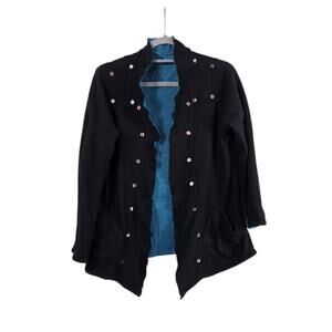 Parsley & Sage Reversible Aqua Blue Black Artsy Boho Knit Cardigan Size Medium